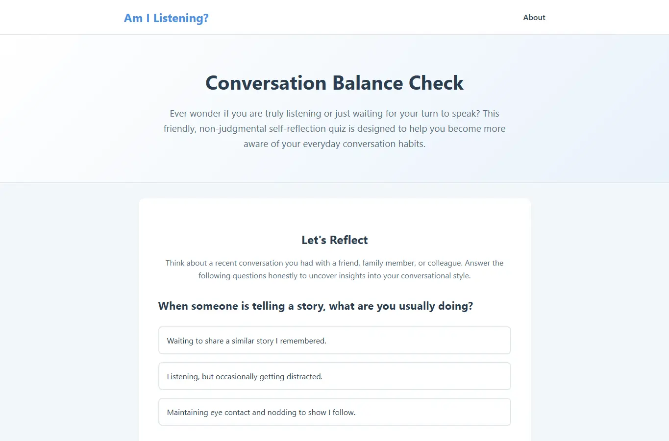 Screenshot of Am I Listening? Reflection Quiz interface showing the project page in use